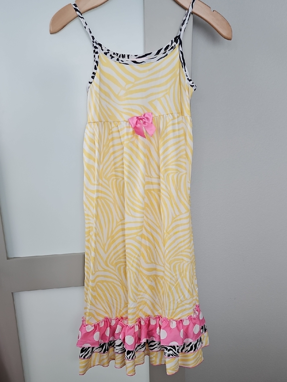 Girls Yellow Zebra-Print Nightgown with Pink Bow and Ruffle Trim